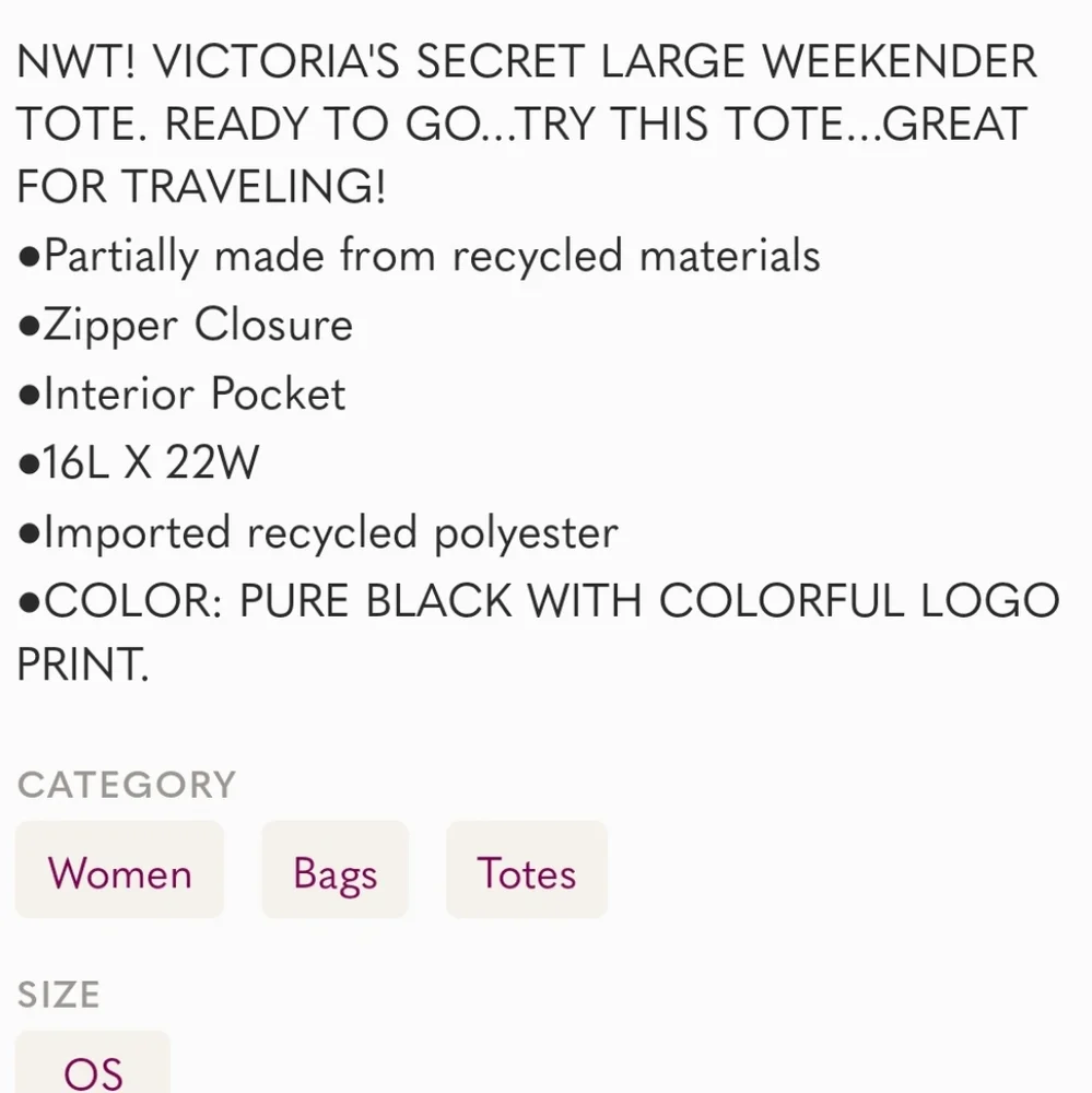 NWT! VICTORIA'S SECRET MULTI-COLORED BLACK LOGO TOTE - Picture 7 of 7